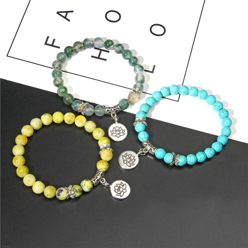 Kézzel készített természetes kőből készült Lotus Ohm Buddha gyöngyök karkötő Rózsaszín Zebra Stone Lotus Charm karkötő nőknek Férfi jóga ékszer Ajándékok