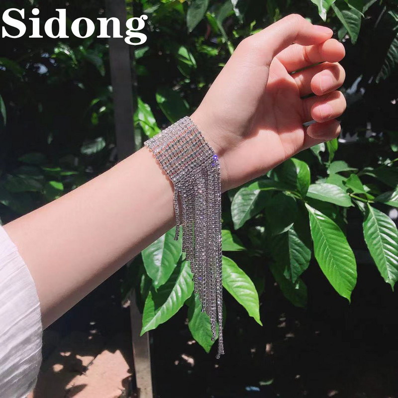 Modes garu pušķi Rhinestone rokassprādzes Roku rotaslietas sievietēm Līgavas Crystal Statement Rokassprādzes Kāzu rotaslietas