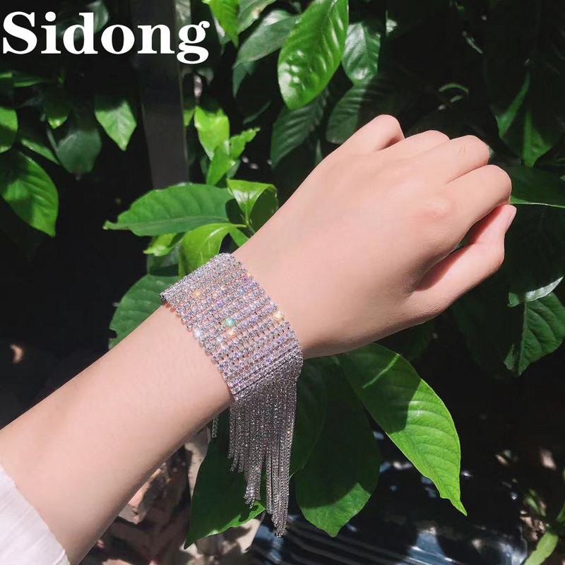 Modes garu pušķi Rhinestone rokassprādzes Roku rotaslietas sievietēm Līgavas Crystal Statement Rokassprādzes Kāzu rotaslietas