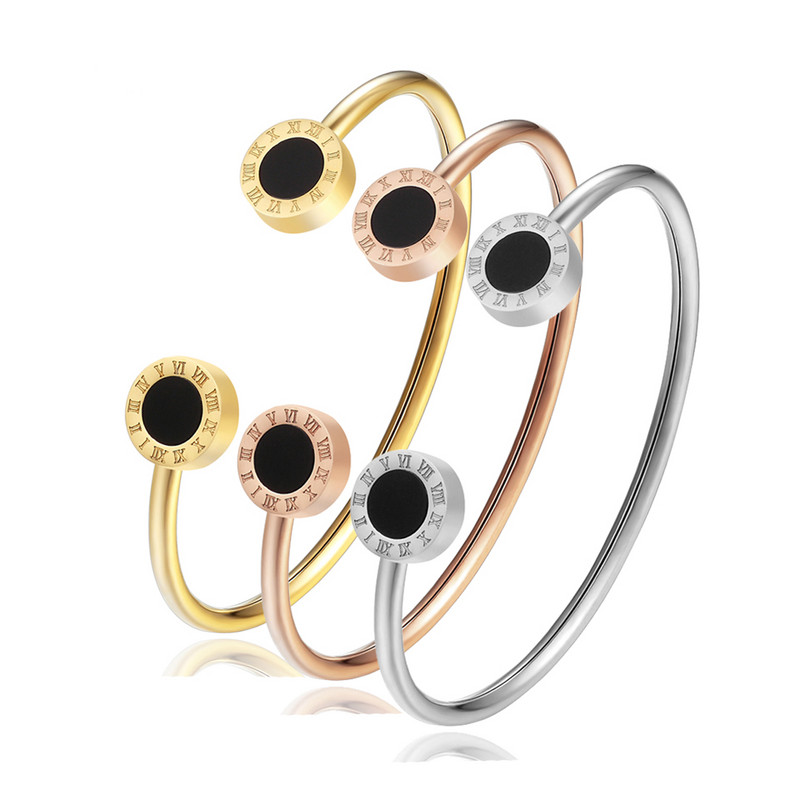 Moodne müüa naiste ehteid, rooma numbrid, must email, roostevabast terasest lahtine käevõru peokink, käevõru hulgimüük