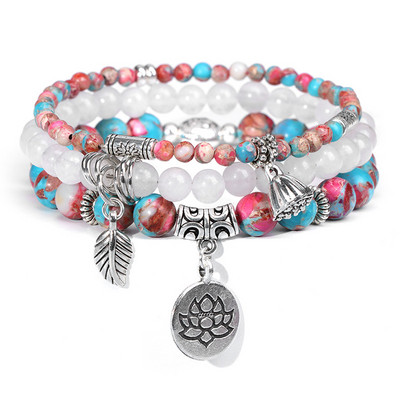 Μόδα βραχιόλι με χάντρες από φυσική πέτρα Μόδα Πολυστρωματικό βραχιόλι Lotus Γυναικεία κρεμαστό κόσμημα Δέντρο της ζωής Βραχιόλι ανδρικό Yoga Energy Jewelr