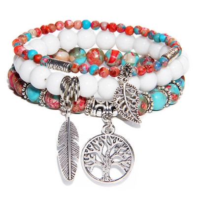 Μόδα βραχιόλι με χάντρες από φυσική πέτρα Μόδα Πολυστρωματικό βραχιόλι Lotus Γυναικεία κρεμαστό κόσμημα Δέντρο της ζωής Βραχιόλι ανδρικό Yoga Energy Jewelr
