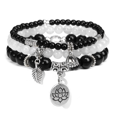 Μόδα βραχιόλι με χάντρες από φυσική πέτρα Μόδα Πολυστρωματικό βραχιόλι Lotus Γυναικεία κρεμαστό κόσμημα Δέντρο της ζωής Βραχιόλι ανδρικό Yoga Energy Jewelr