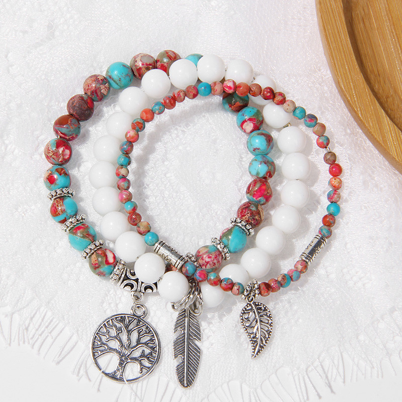 Μόδα βραχιόλι με χάντρες από φυσική πέτρα Μόδα Πολυστρωματικό βραχιόλι Lotus Γυναικεία κρεμαστό κόσμημα Δέντρο της ζωής Βραχιόλι ανδρικό Yoga Energy Jewelr