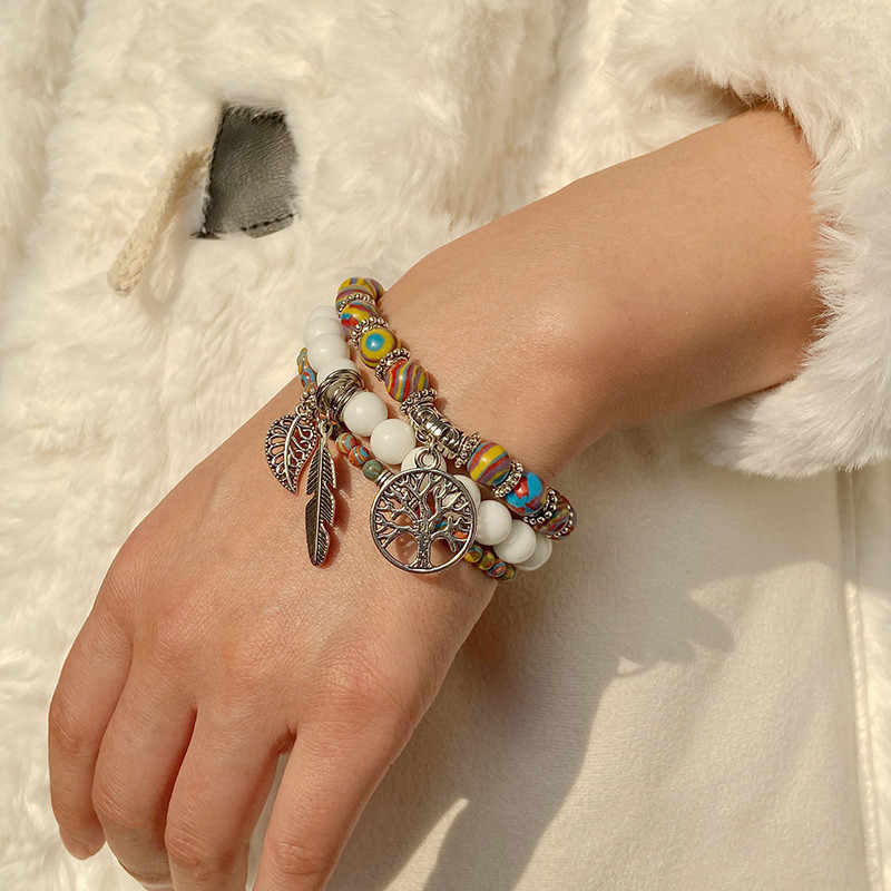 Μόδα βραχιόλι με χάντρες από φυσική πέτρα Μόδα Πολυστρωματικό βραχιόλι Lotus Γυναικεία κρεμαστό κόσμημα Δέντρο της ζωής Βραχιόλι ανδρικό Yoga Energy Jewelr