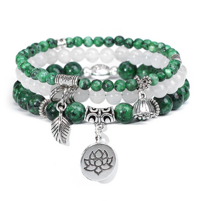 Ar rokām darināts šarms rokassprādzes komplekts dabīgā akmens krelles rokassprādzes Lotosa kulonu rokassprādze sievietēm vīriešiem ar krellēm stieptas virves rokassprādze 3gab