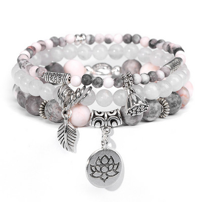 Ar rokām darināts šarms rokassprādzes komplekts dabīgā akmens krelles rokassprādzes Lotosa kulonu rokassprādze sievietēm vīriešiem ar krellēm stieptas virves rokassprādze 3gab