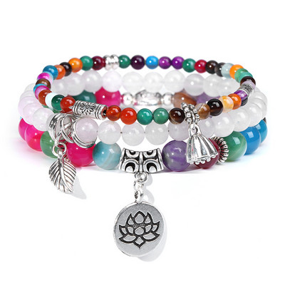 Ar rokām darināts šarms rokassprādzes komplekts dabīgā akmens krelles rokassprādzes Lotosa kulonu rokassprādze sievietēm vīriešiem ar krellēm stieptas virves rokassprādze 3gab