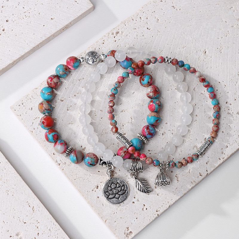 Ar rokām darināts šarms rokassprādzes komplekts dabīgā akmens krelles rokassprādzes Lotosa kulonu rokassprādze sievietēm vīriešiem ar krellēm stieptas virves rokassprādze 3gab