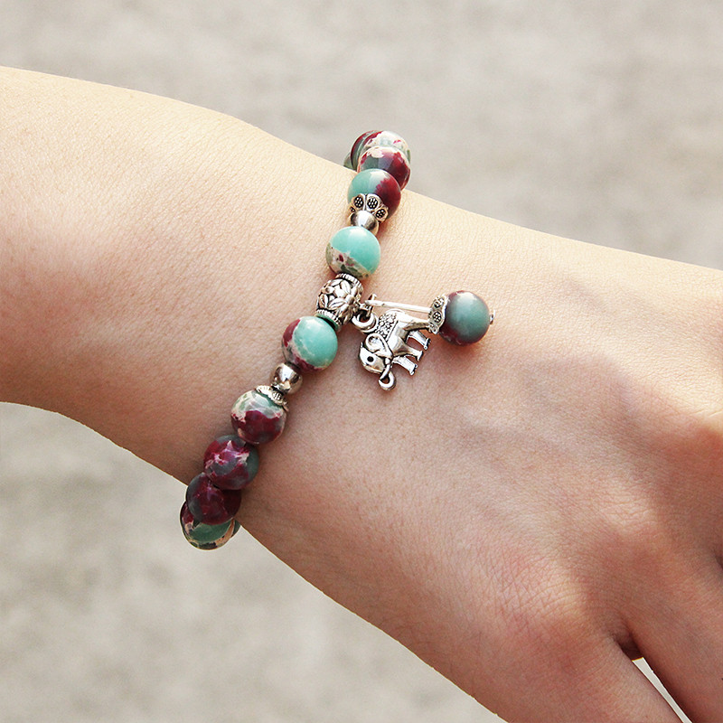 Modes dabīgā Shoushan akmens krelles rokassprādze sievietēm sudraba krāsas ziloņu kulonu šarmu rokassprādze sievietēm, meitenēm, jogas rotaslietas