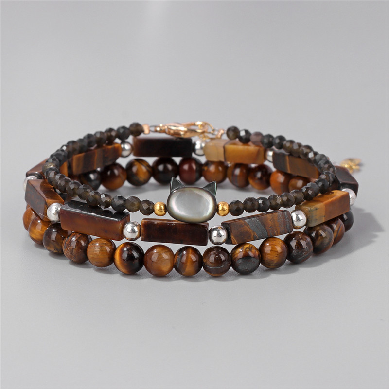 Roku darbs Shell Cat Charm Rokassprādze Pelēks Dabīgais Akmens Lapis Lazuli Tiger Eye Krelles Rokassprādze Jauki Rotaslietas Dāvanas Sievietēm Vīriešiem