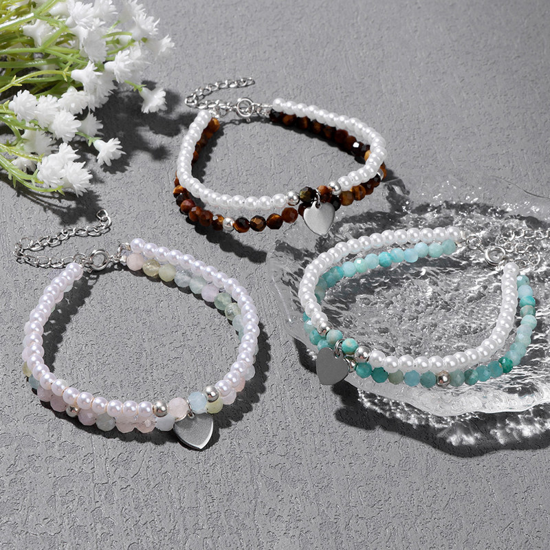 Dabīgā akmens pērļu rokassprādze 4 mm mazas krelles rokassprādzes divslāņu sirds kulonu rokassprādzes sieviešu augstākās klases ballīšu modes rotaslietas