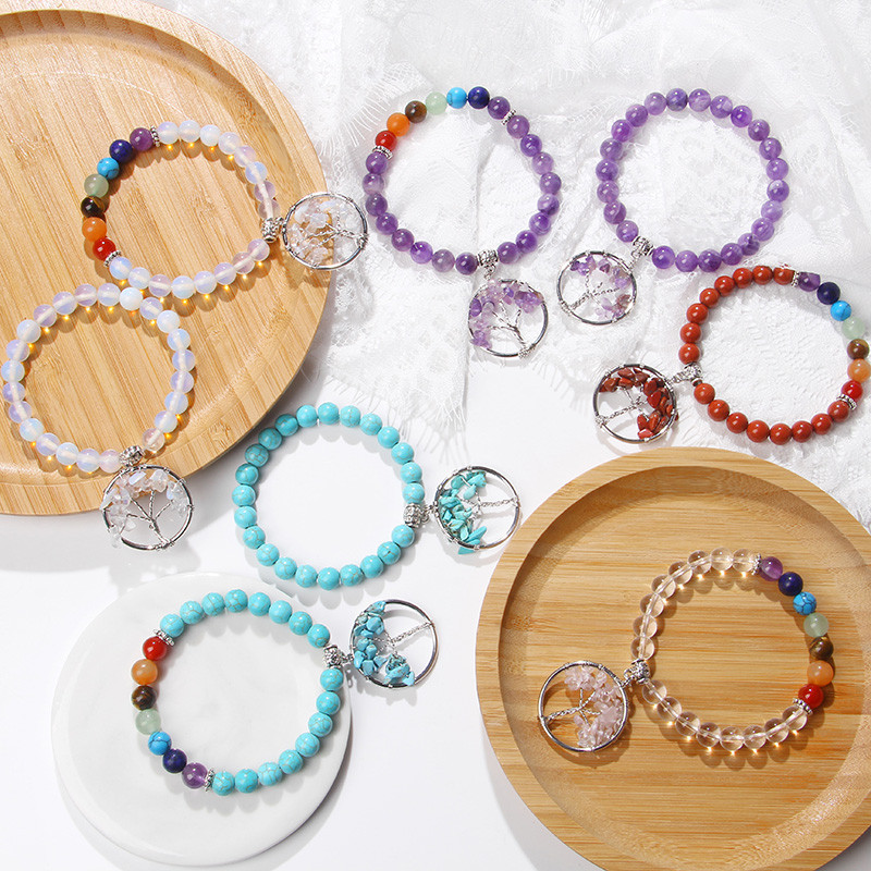 Chakra Natūralaus akmens apyrankė Gyvybės medžio pakabukas Apyrankė 8mm kvarco karoliukai Apyrankės vyrams Moterims Puiki gydomoji energija papuošalai