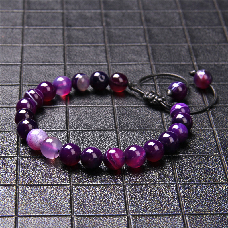 Pletena narukvica s prirodnim ametistima, 8 mm, kvarcno ljubičasti ahat, narukvice s perlama, Yoga Energy, prilagodljiva narukvica, nakit za žene