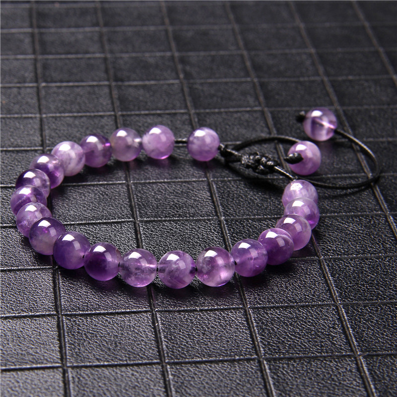Pletena narukvica s prirodnim ametistima, 8 mm, kvarcno ljubičasti ahat, narukvice s perlama, Yoga Energy, prilagodljiva narukvica, nakit za žene