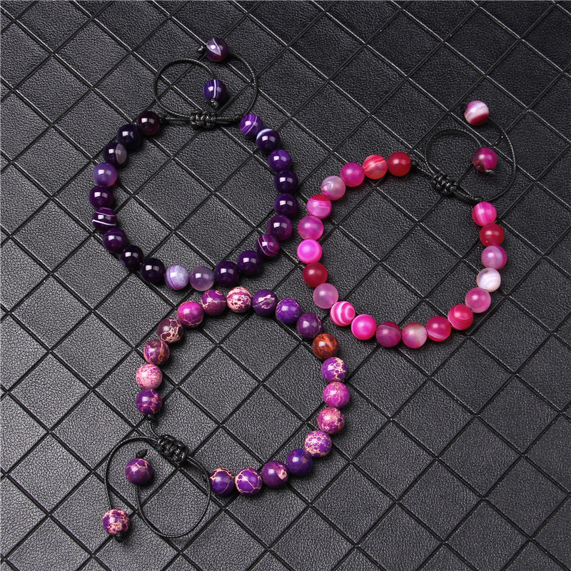 Pletena narukvica s prirodnim ametistima, 8 mm, kvarcno ljubičasti ahat, narukvice s perlama, Yoga Energy, prilagodljiva narukvica, nakit za žene