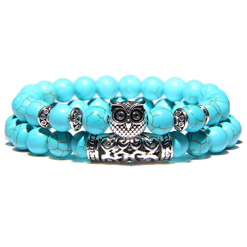 2 τμχ/σετ Γυναικείο Βραχιόλι Μόδα Κουκουβάγια Βραχιόλι Φυσική Πέτρα Αμαζονίτης Χάντρες Γούρι Ενεργειακό Βραχιόλι Κοσμήματα για Γυναικεία Δώρα