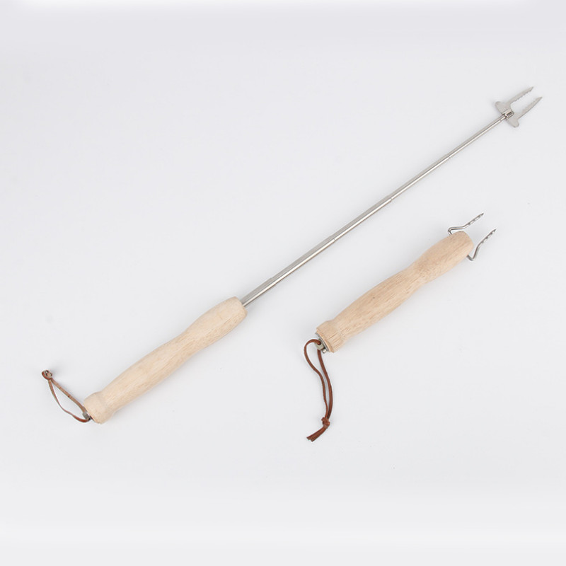 Teleskopisks pārnēsājams piknika kempings bārbekjū BBQ koka rokturis nerūsējošā tērauda dakša bārbekjū adata āra galda piederumi