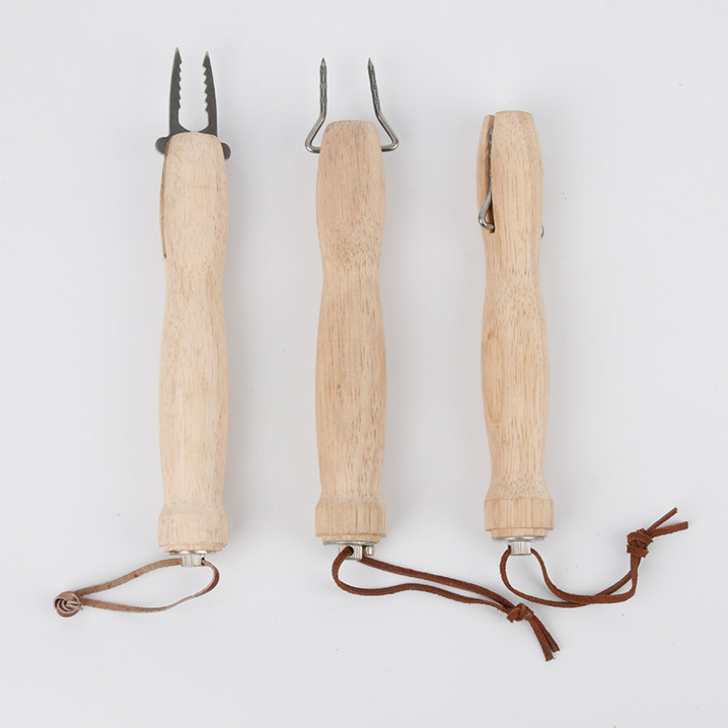 Teleskopisks pārnēsājams piknika kempings bārbekjū BBQ koka rokturis nerūsējošā tērauda dakša bārbekjū adata āra galda piederumi