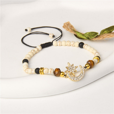 Brățară din piatră naturală pentru femei Brățară împletită cu pandantiv cu stea și lună Brățări din hematit cu ochi de tigru Bijuterii elegante de petrecere pentru femei