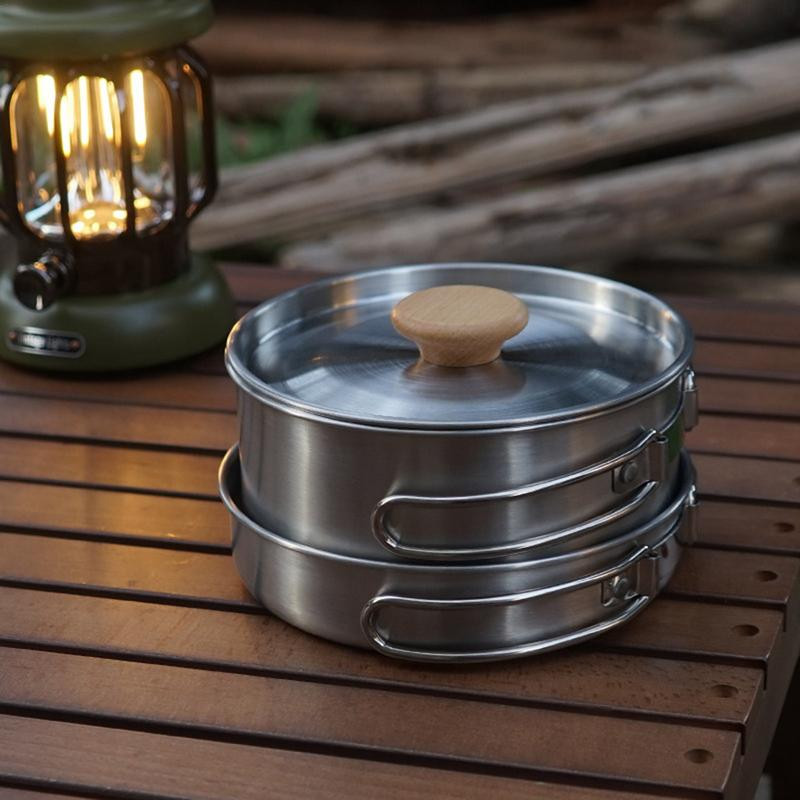 Nerūsējošā tērauda kempinga virtuves piederumu sajaukšanas komplekts, nepiedegošs viegls katlu komplekts, kombinētais komplekts ar ceļojumu somu, izturīgs āra pavārs
