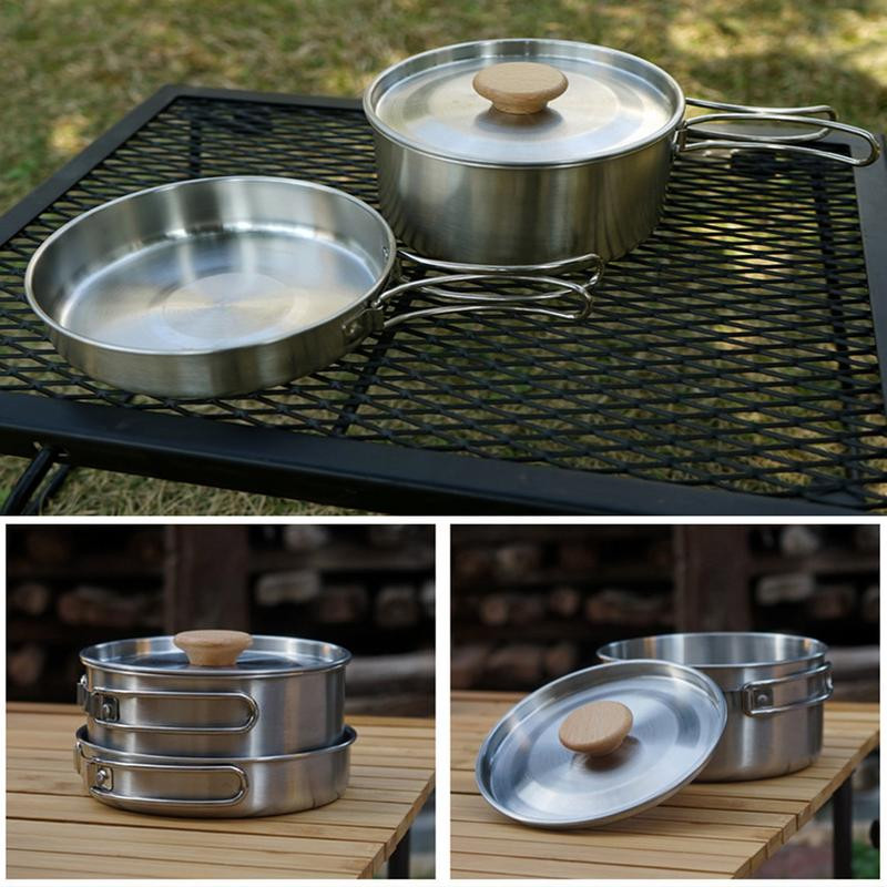 Nerūsējošā tērauda kempinga virtuves piederumu sajaukšanas komplekts, nepiedegošs viegls katlu komplekts, kombinētais komplekts ar ceļojumu somu, izturīgs āra pavārs