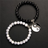 Pāri Rokassprādze Dabīgais akmens Krelles TAIJI Šarms Rokassprādzes 8mm Vulkāniskas Lavas Krelles Elastīga Rokassprādze Vīrieši Yinyang Rotaslietas Sievietēm