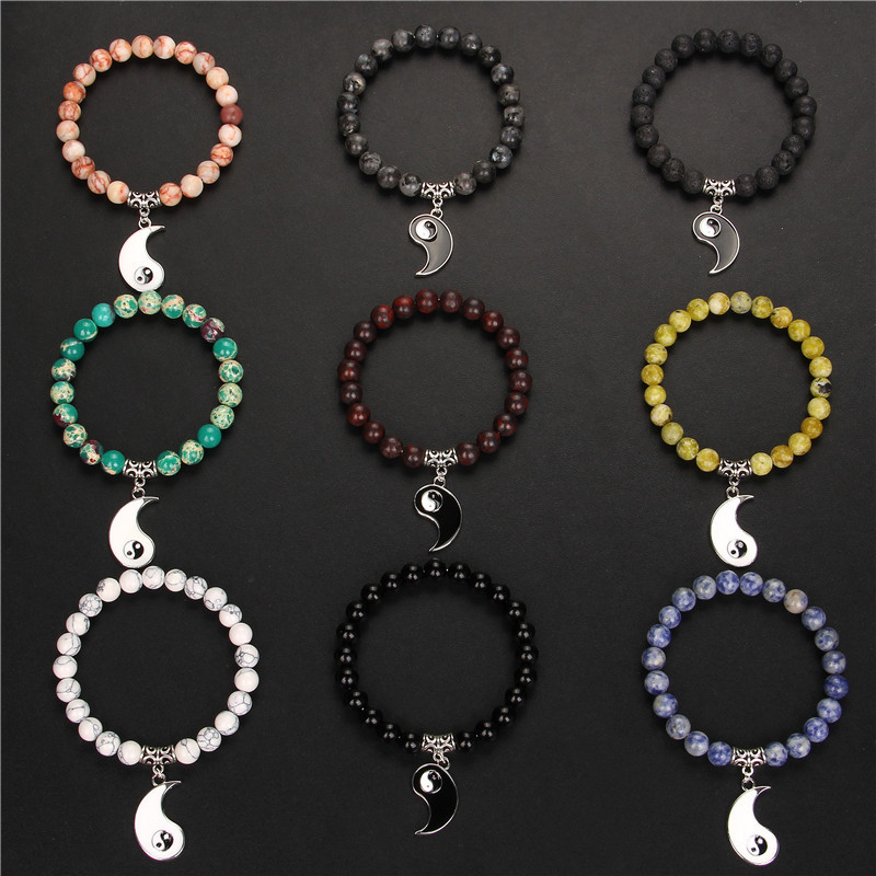 Pāri Rokassprādze Dabīgais akmens Krelles TAIJI Šarms Rokassprādzes 8mm Vulkāniskas Lavas Krelles Elastīga Rokassprādze Vīrieši Yinyang Rotaslietas Sievietēm