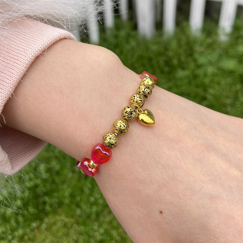 Dabīgs lavas akmens krelles rokassprādze Sirds formas kulonu rokassprādzes sievietēm Krāsainas Reiki Krāšņas ballīšu rotaslietas meitenēm Dāvanas