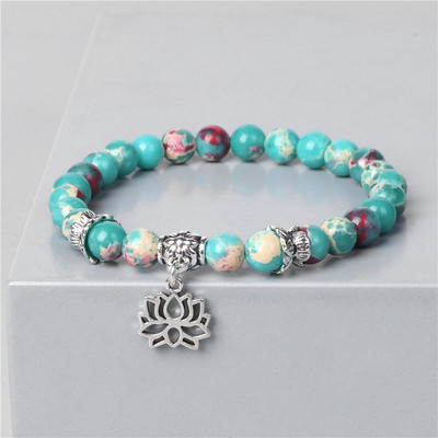 Brățară din piatră naturală pentru femei Brățară din margele cu pandantiv de lotus Brățări fine cuarț amazonit Bărbați Reiki Echilibru Bijuterii Cadou prieteni