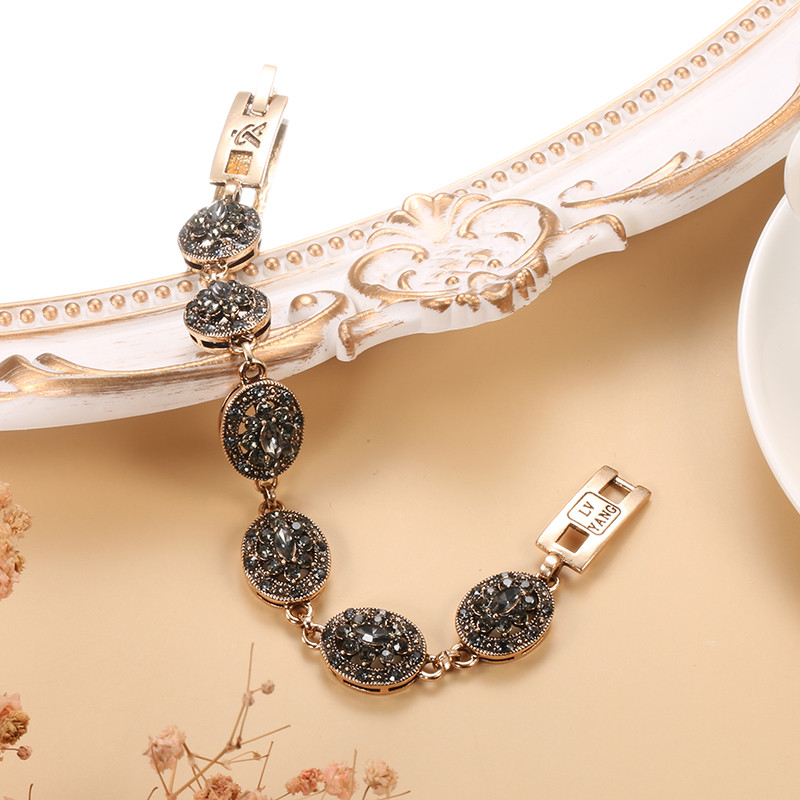 Kinel Charm Boho Sieviešu saites Rokassprādze Antīka Zelta Krāsa Pelēka Kristāla Etniskā Kāzu Kāzu Vintage Rotaslietas Krievija Aksesuāri