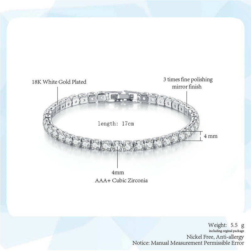 Modes 4 mm tenisa aproce vara 1 rindas apaļa kubiskā cirkonija rokassprādze un rokassprādze sievietēm Luksusa Rhinestone līgavas kāzu dāvana