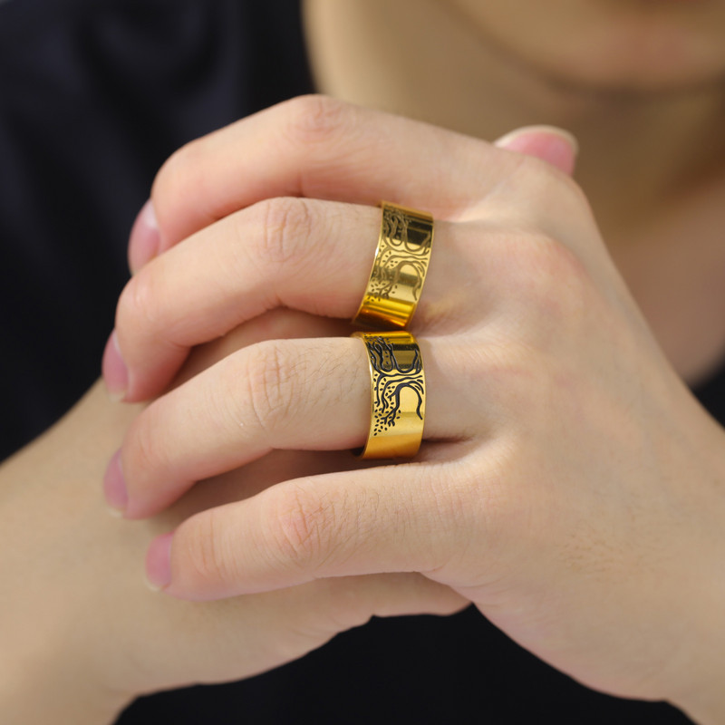 Skyrim Vikingu dzīvības koks Gredzeni nerūsējošā tērauda zelta krāsā 10 MM plati pirkstu gredzeni Amulets rotaslietas Ziemassvētku dāvana vīriešiem sievietēm