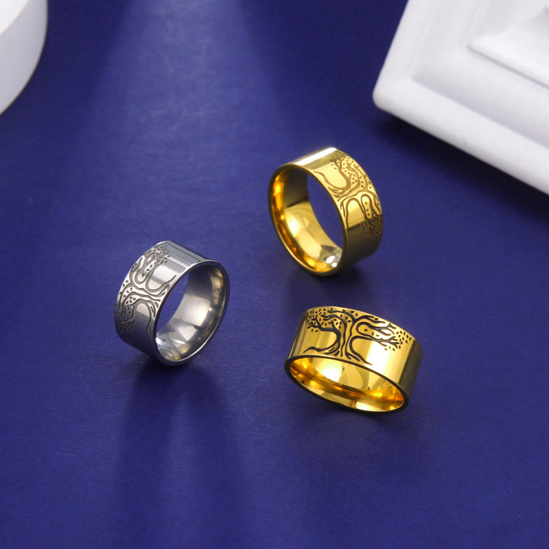 Skyrim Vikingu dzīvības koks Gredzeni nerūsējošā tērauda zelta krāsā 10 MM plati pirkstu gredzeni Amulets rotaslietas Ziemassvētku dāvana vīriešiem sievietēm