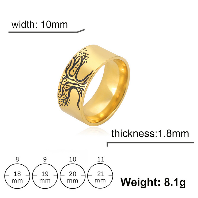 Skyrim Vikingu dzīvības koks Gredzeni nerūsējošā tērauda zelta krāsā 10 MM plati pirkstu gredzeni Amulets rotaslietas Ziemassvētku dāvana vīriešiem sievietēm
