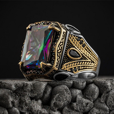 Ρετρό Χειροποίητα Τουρκικά δαχτυλίδια για άντρες Αρχαίο ασημί χρώμα σκαλισμένο δαχτυλίδι αετού Mystic Zircon Inlay Νέο Punk Motor Biker δαχτυλίδι