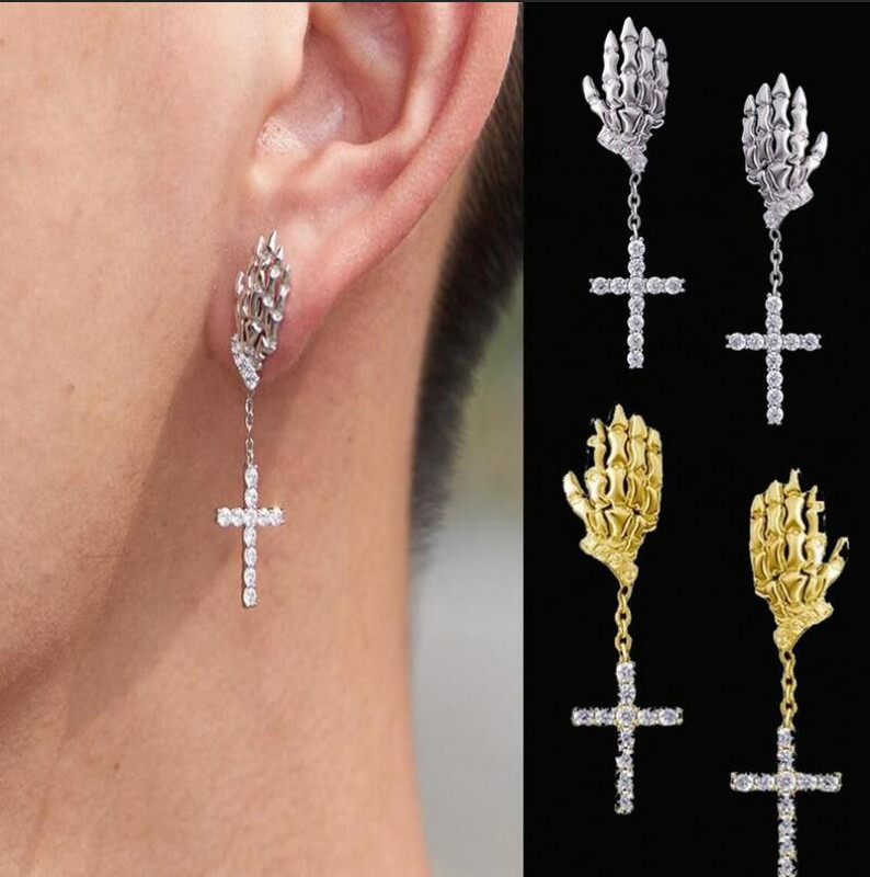 Gothic Skull Claw Cartilage Drop Zircon Cross Drop Σκουλαρίκια Cool ανδρικά κοσμήματα πανκ χιπ χοπ ροκ πάρτι