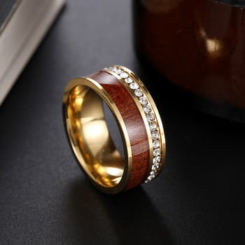 Δαχτυλίδι από ανοξείδωτο ατσάλι από κρύσταλλο ζιργκόν για άνδρες με ένθετο δαχτυλίδια γάμου από ξύλο ακακίας Δώρο κοσμήματος μόδας