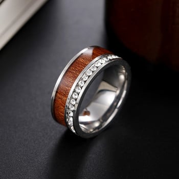 Δαχτυλίδι από ανοξείδωτο ατσάλι από κρύσταλλο ζιργκόν για άνδρες με ένθετο δαχτυλίδια γάμου από ξύλο ακακίας Δώρο κοσμήματος μόδας