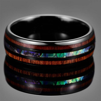 Ανδρικά δαχτυλίδια από ανοξείδωτο ατσάλι 8 χιλιοστών σε μαύρο χρώμα με ένθετα ανδρικά κοσμήματα από ξύλο Koa και δαχτυλίδι Abalone Shell