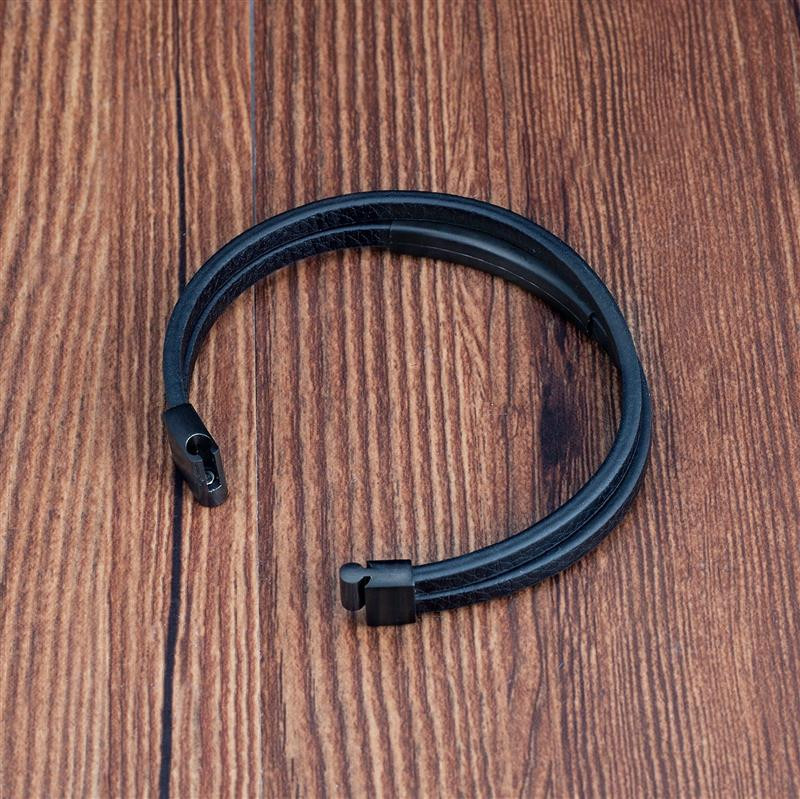 Vienkārša stila vīriešu melna īstas ādas rokassprādze Klasiska nerūsējošā tērauda ieliktnis Divslāņu pītas aproces vīriešiem Drauga dāvana