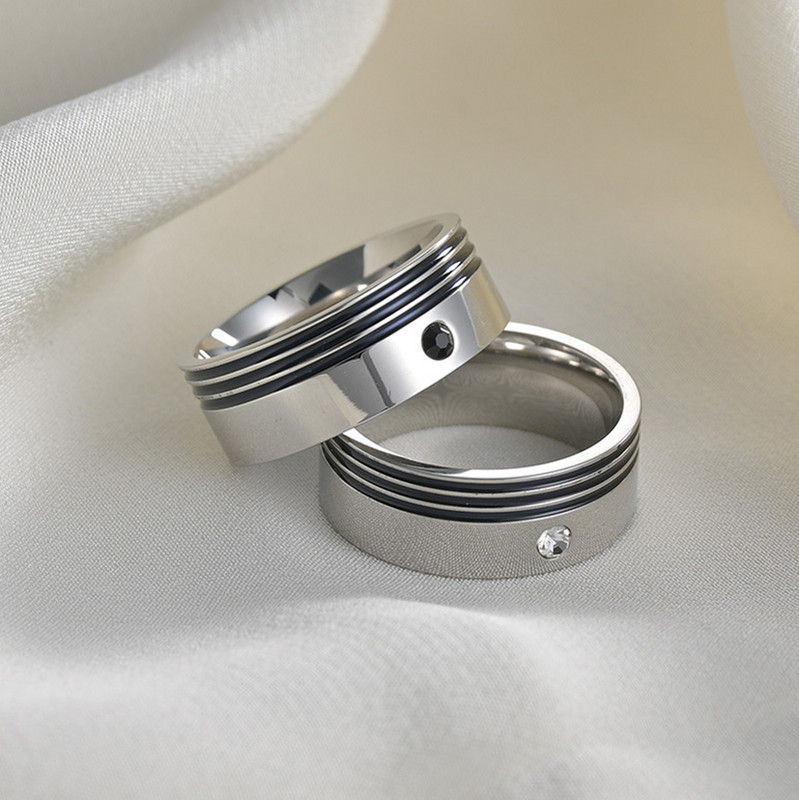 Modes Melni Rhinestones Cirkonija Pāra Gredzeni Thin Groove Nerūsējošā tērauda gredzeni Vīriešiem Sievietēm Kāzu Saderināšanās Rotaslietas Dāvana