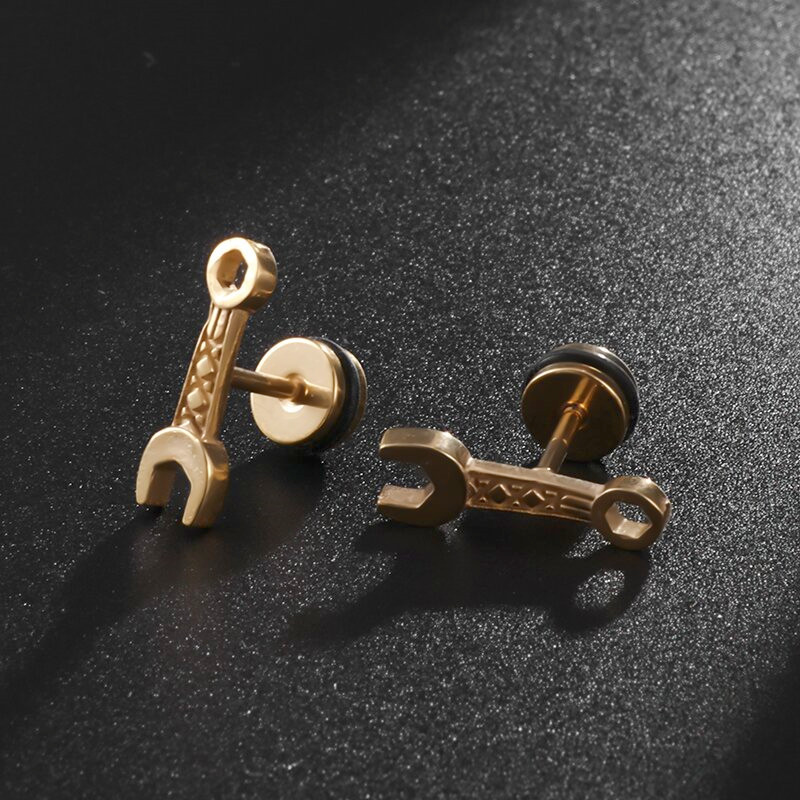 Hiphopa radošie panku instrumenti maza uzgriežņu atslēga nerūsējošā tērauda auskari vīriešiem, dāmām, forši, šarmanti, rotaslietas, naktsklubu aksesuāri