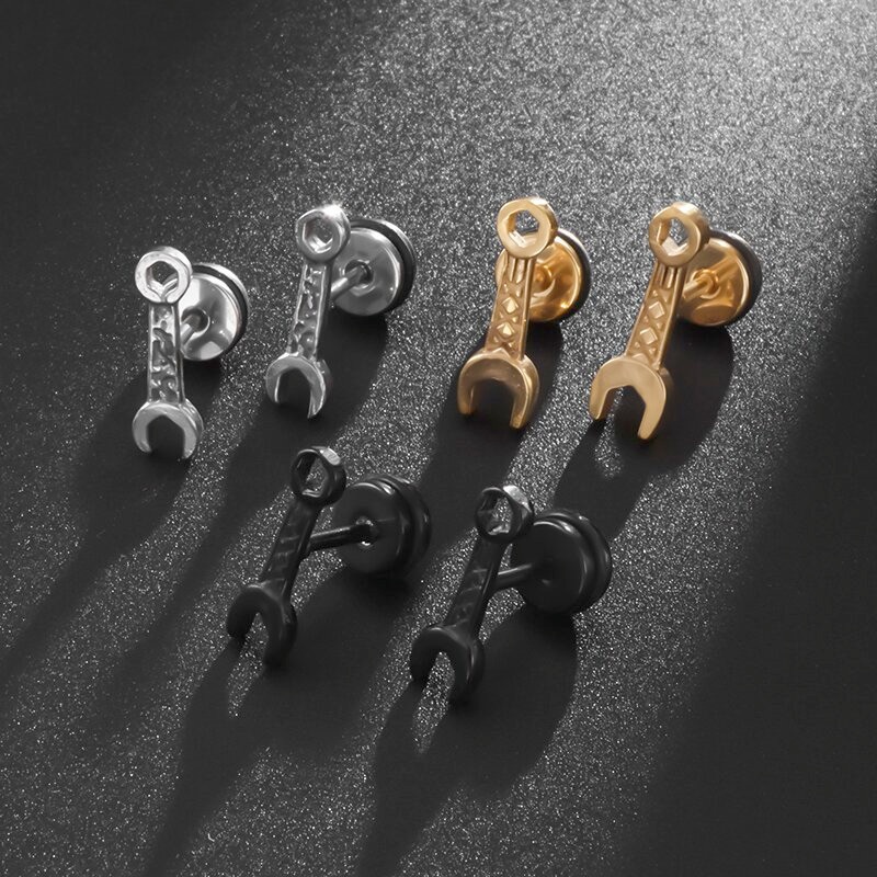 Hiphopa radošie panku instrumenti maza uzgriežņu atslēga nerūsējošā tērauda auskari vīriešiem, dāmām, forši, šarmanti, rotaslietas, naktsklubu aksesuāri