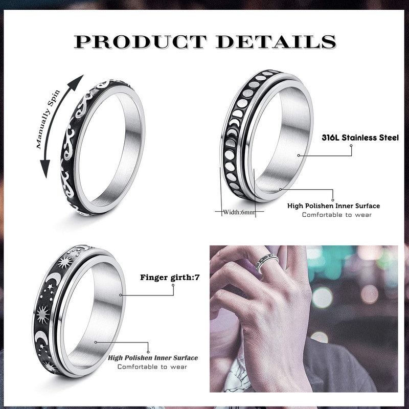 Модни пръстени за безпокойство за мъже, жени от неръждаема стомана Spinner Ring Anxiety Fidget Ring Moon Star Sun Келтски пръстен за облекчаване на стреса