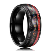 Inel negru din carbură de tungsten pentru bărbați, de 8 mm, cu incrustație de opal colorat și roșu, imitație de meteorit, bijuterii pentru bărbați.