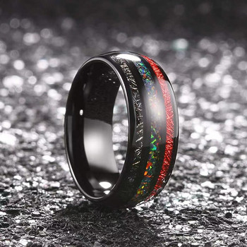 Μόδα ανδρικό δαχτυλίδι μαύρο βολφραμίου καρβιδίου 8mm Ένθετο πολύχρωμο δαχτυλίδι μετεωρίτη απομίμησης οπαλίου και κόκκινου ανδρικού κοσμήματος