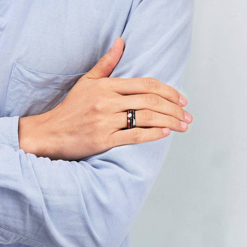 Inel negru din carbură de tungsten pentru bărbați, de 8 mm, cu incrustație de opal colorat și roșu, imitație de meteorit, bijuterii pentru bărbați.