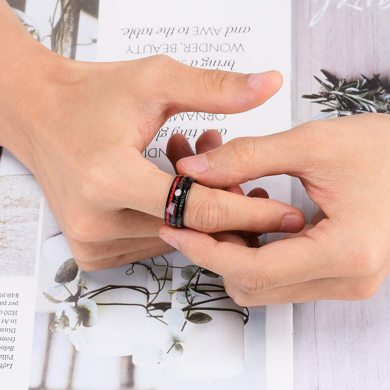 Inel negru din carbură de tungsten pentru bărbați, de 8 mm, cu incrustație de opal colorat și roșu, imitație de meteorit, bijuterii pentru bărbați.