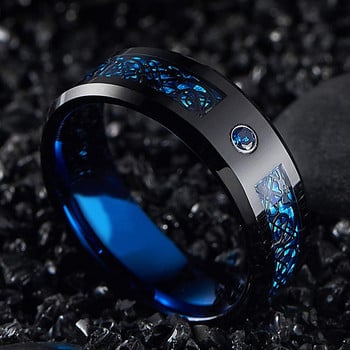 Δαχτυλίδι γάμου από ατσάλι τιτανίου 8 χιλιοστών για άντρες Γυναικείο Punk Celtic Dragon Blue Red ανθρακονημάτινο δαχτυλίδι AAA Zirconia Inlay Ανδρικό λουράκι